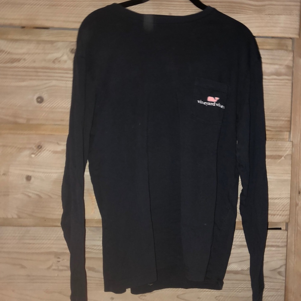 Navy blue vineyard vine shirt with pink writing